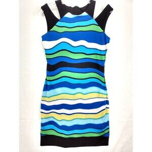 Joseph Ribkoff Sheath Dress Size 8 Bodycon Split Shoulder Blue Striped Lined